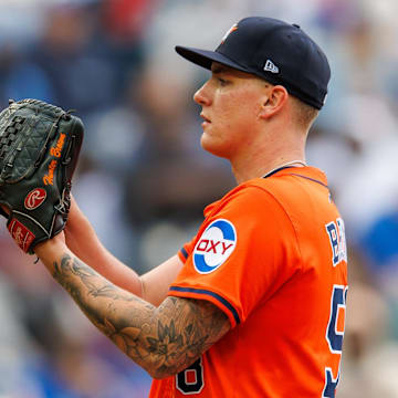 Apr 27, 2025; Kansas City, Missouri, USA; Houston Astros pitcher Hunter Brown (58) on the mound during the third inning against the Kansas City Royals  at Kauffman Stadium.
