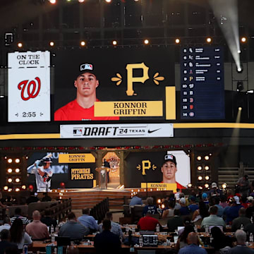 Jul 14, 2024; Ft. Worth, TX, USA; The Pittsburgh Pirates draft Konnor Griffin with the ninth pick during the first round of the MLB Draft at Cowtown Coliseum. Mandatory Credit: Kevin Jairaj-Imagn Images