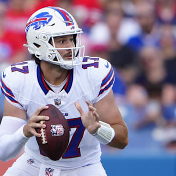 Aug 10, 2024; Orchard Park, New York, USA; Buffalo Bills quarterback Josh Allen (17) looks to throw the ball against the Chicago Bears during the first half at Highmark Stadium. Mandatory Credit: Gregory Fisher-Imagn Images