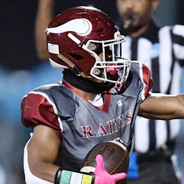 Raines Vikings Mark Miller (3) runs into the end zone for a second quarter touchdown. The Raines High School Vikings traveled to the Andrew Jackson Tigers home field for their football matchup Thursday, October 26, 2023. The Vikings led 28 to 10 at the end of the half.