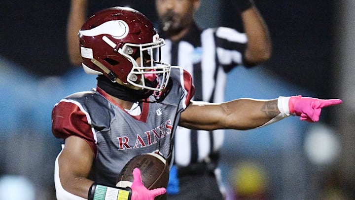 Raines Vikings Mark Miller (3) runs into the end zone for a second quarter touchdown. The Raines High School Vikings traveled to the Andrew Jackson Tigers home field for their football matchup Thursday, October 26, 2023. The Vikings led 28 to 10 at the end of the half.