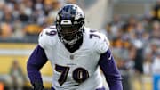 Baltimore Ravens left tackle Ronnie Stanley at the line of scrimmage during a 2023 regular season game. 