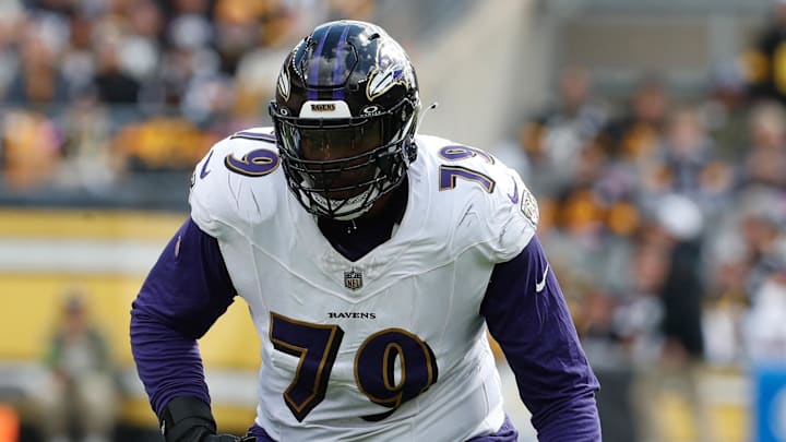 Baltimore Ravens left tackle Ronnie Stanley at the line of scrimmage during a 2023 regular season game. 