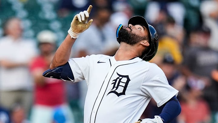 Detroit Tigers left fielder Riley Greene (31) celebrates a solo home run against Colorado Rockies during the first inning at Comerica Park in Detroit on Wednesday, September 11, 2024.