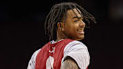 Mar 26, 2025; Newark, NJ, USA; Alabama Crimson Tide guard Labaron Philon (0) warms up during a practice session in preparation for an East Regional semifinal game against the Brigham Young Cougars at Prudential Center. Mandatory Credit: Vincent Carchietta-Imagn Images