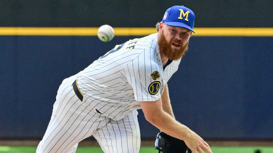 Jul 27, 2025; Milwaukee, Wisconsin, USA; Milwaukee Brewers starting pitcher Brandon Woodruff (53) throws a pitch in the first inning against the Miami Marlins at American Family Field. Mandatory Credit: Benny Sieu-Imagn Images