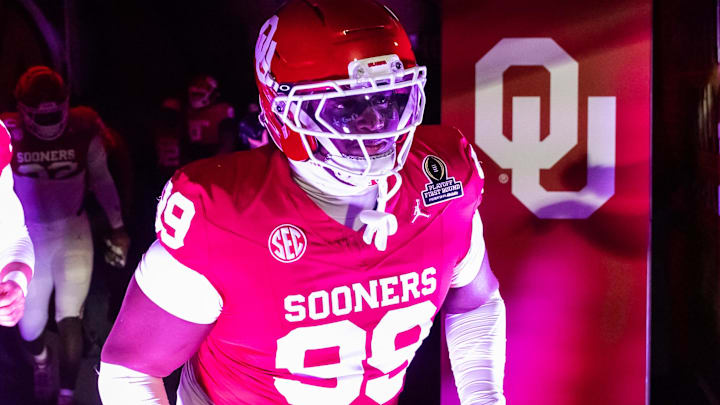 Dec 19, 2025; Norman, OK, USA; Oklahoma Sooners defensive lineman Markus Strong (99) against the Alabama Crimson Tide during the CFP National Playoff First Round at Gaylord Family Oklahoma Memorial Stadium. Mandatory Credit: Mark J. Rebilas-Imagn Images