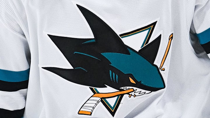 Nov 29, 2022; Montreal, Quebec, CAN; View of a San Jose Sharks logo on a jersey worn by a member of the team during the second period at Bell Centre. Nov 29, 2022; Montreal, Quebec, CAN; View of a San Jose Sharks logo on a jersey worn by a member of the team during the second period at Bell Centre.