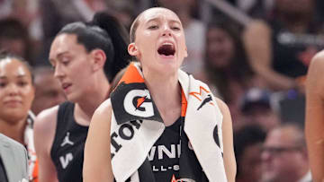 Dallas Wings' Paige Bueckers (5) reacts to a play Saturday, July 19, 2025, during the WNBA All-Star Game at Gainbridge Fieldhouse in Indianapolis.