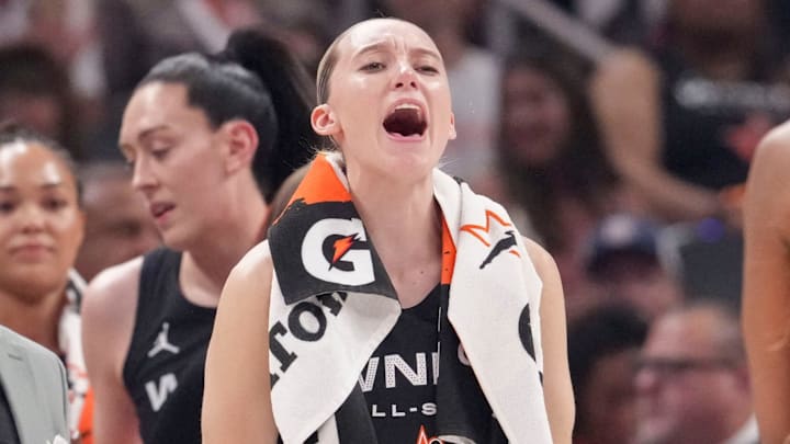 Dallas Wings' Paige Bueckers (5) reacts to a play Saturday, July 19, 2025, during the WNBA All-Star Game at Gainbridge Fieldhouse in Indianapolis.