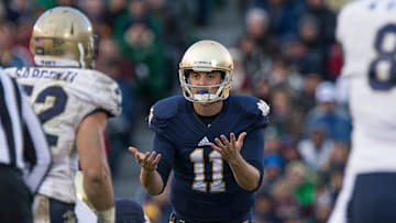 Notre Dame QB Tommy Rees reacts after an official's whistle stops the game before a snap during the Notre Dame vs. Navy football game on Saturday, Nov. 2, 2013, at Notre Dame Stadium in South Bend. SBT Photo/ROBERT FRANKLIN via FTP

Notre Dame Vs Navy