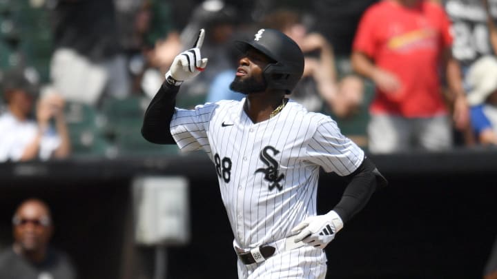 Jun 29, 2024; Chicago, Illinois, USA; Chicago White Sox center fielder Luis Robert Jr. (88) celebrates his home run during the sixth inning against the Chicago White Sox at Guaranteed Rate Field. Mandatory Credit: Patrick Gorski-USA TODAY Sports