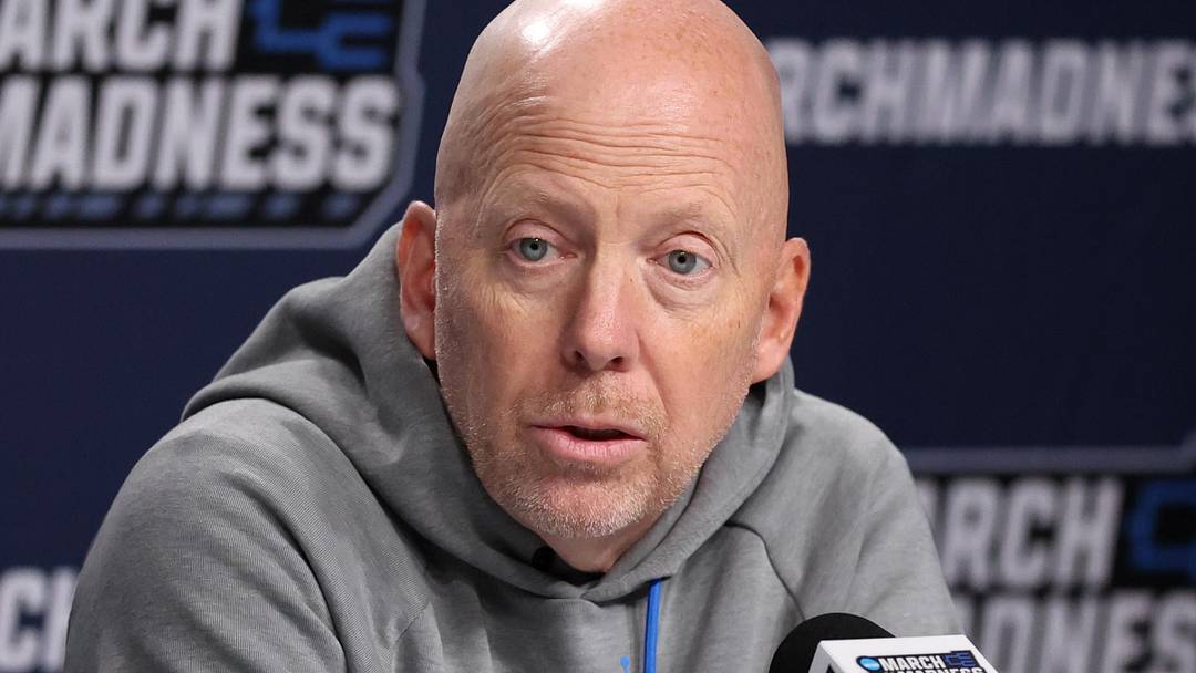 Mar 19, 2026; Philadelphia, PA, USA; UCLA Bruins head coach Mick Cronin speaks with the media before a practice session ahead of the first round of the men's 2026 NCAA Tournament at Xfinity Mobile Arena. Mandatory Credit: Bill Streicher-Imagn Images