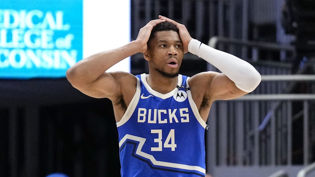 Mar 15, 2025; Milwaukee, Wisconsin, USA;  Milwaukee Bucks forward Giannis Antetokounmpo (34) reacts after fouling out  during the fourth quarter against the Indiana Pacers at Fiserv Forum. Mandatory Credit: Jeff Hanisch-Imagn Images