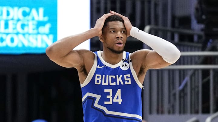 Mar 15, 2025; Milwaukee, Wisconsin, USA;  Milwaukee Bucks forward Giannis Antetokounmpo (34) reacts after fouling out  during the fourth quarter against the Indiana Pacers at Fiserv Forum. Mandatory Credit: Jeff Hanisch-Imagn Images
