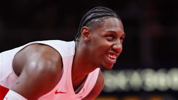 Toronto Raptors forward RJ Barrett (9) reacts after a play against the Atlanta Hawks in the fourth quarter at State Farm Arena.