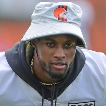 Cleveland Browns cornerback Denzel Ward works out on the side during training camp on Friday, July 29, 2022 in Berea.