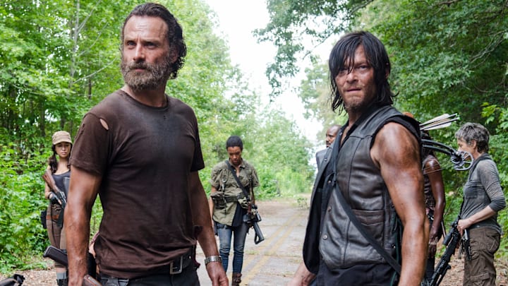 Lauren Cohan as Maggie Greene, Steven Yeun as Glenn Rhee, Josh McDermitt as Dr. Eugene Porter, Christian Serratos as Rosita Espinosa, Andrew Lincoln as Rick Grimes, Sonequa Martin-Green as Sasha, Norman Reedus as Daryl Dixon and Melissa McBride as Carol Peletier - The Walking Dead season 5