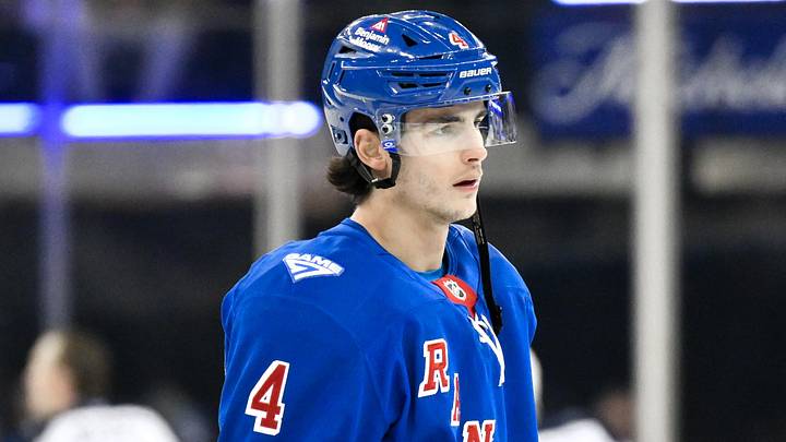 Mar 22, 2026; New York, New York, USA; New York Rangers defenseman Braden Schneider (4) warms up before a game against the Winnipeg Jets at Madison Square Garden. Mandatory Credit: John Jones-Imagn Images