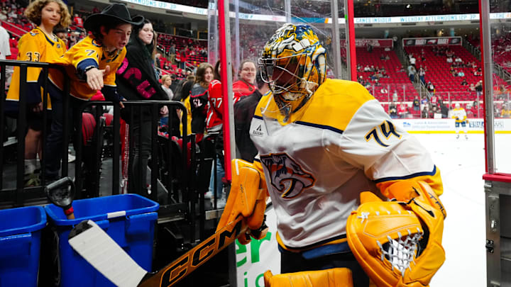 Mar 25, 2025; Raleigh, North Carolina, USA;  Nashville Predators goaltender Juuse Saros (74) come off the ice after the warmups before the game against the Carolina Hurricanes at Lenovo Center. Mandatory Credit: James Guillory-Imagn Images