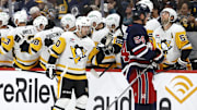 Oct 20, 2024; Winnipeg, Manitoba, CAN; Pittsburgh Penguins center Lars Eller (20) celebrates his second period goal against the Winnipeg Jets at Canada Life Centre. Mandatory Credit: James Carey Lauder-Imagn Images