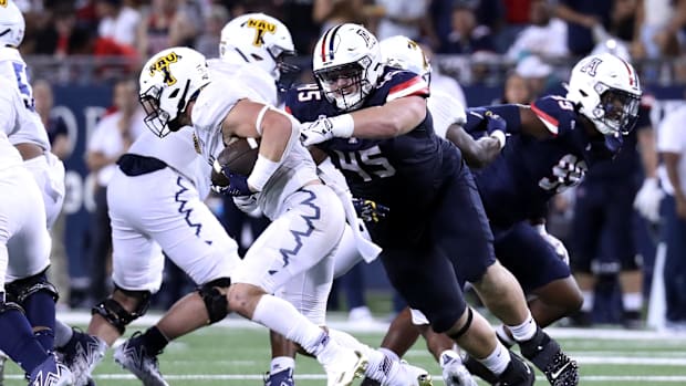 Sep 2, 2023; Tucson, Arizona, USA; Arizona Wildcats defensive lineman Bill Norton (45) tackles