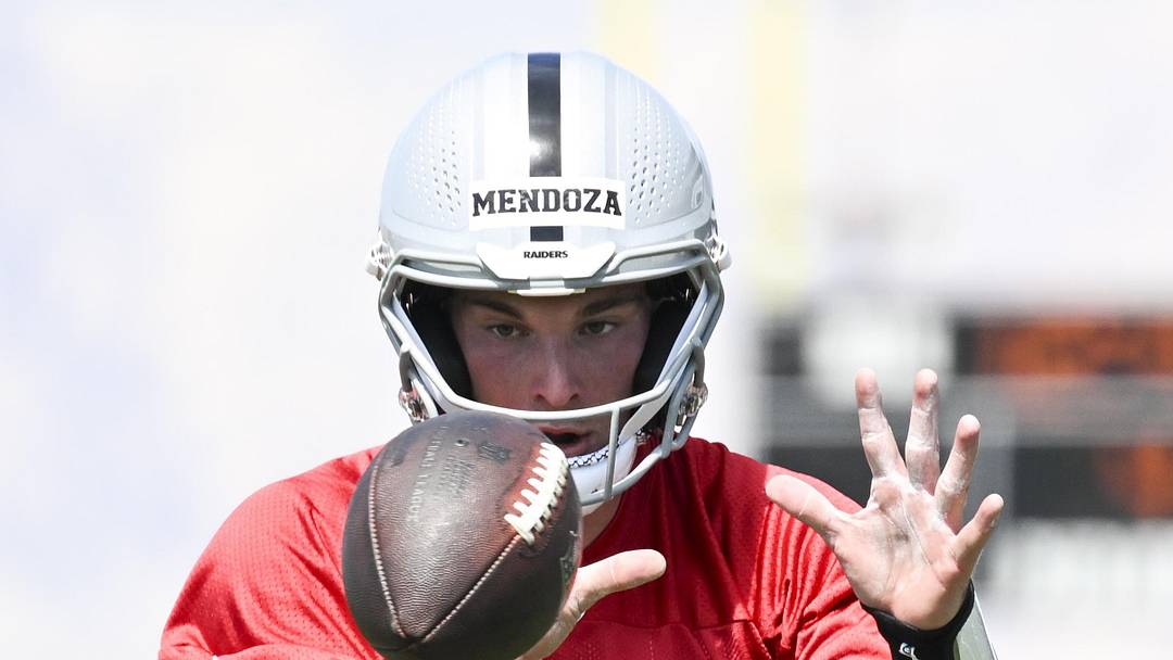 May 2, 2026; Henderson, NV, USA;  Las Vegas Raiders quarterback Fernando Mendoza (15) runs through a drill during a Rookie Minicamp at Intermountain Health Performance Center. Mandatory Credit: Candice Ward-Imagn Images