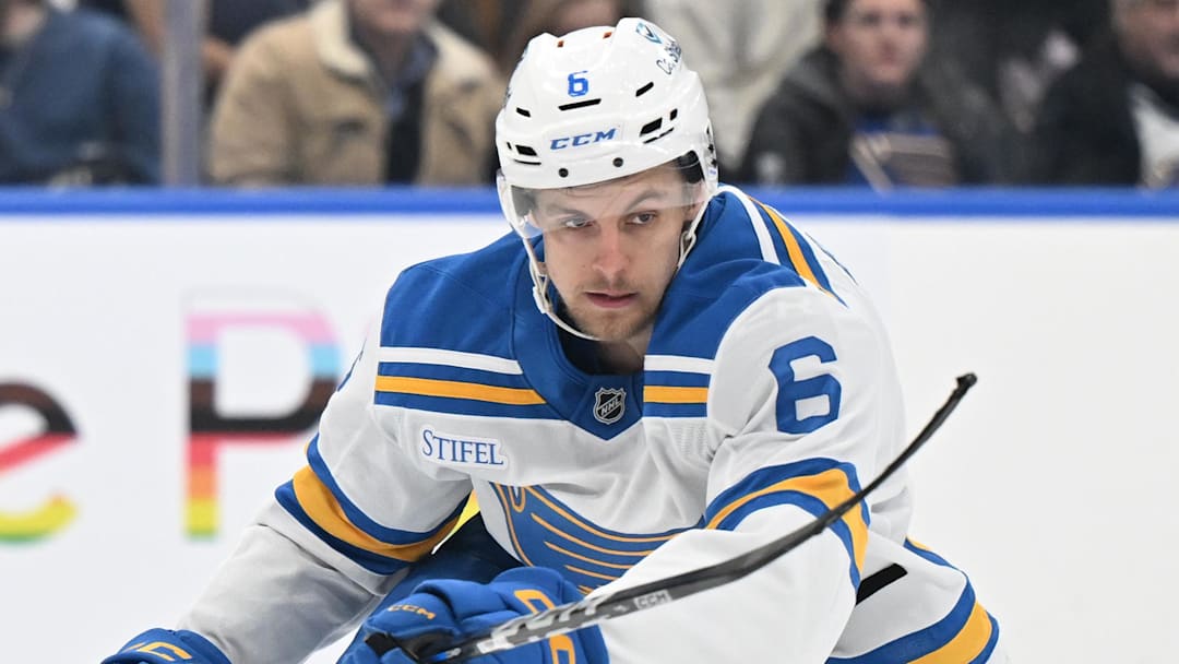 Nov 18, 2025; Toronto, Ontario, CAN;  St. Louis Blues defenseman Philip Broberg (6) skates against the Toronto Maple Leafs in the third period at Scotiabank Arena. Mandatory Credit: Dan Hamilton-Imagn Images