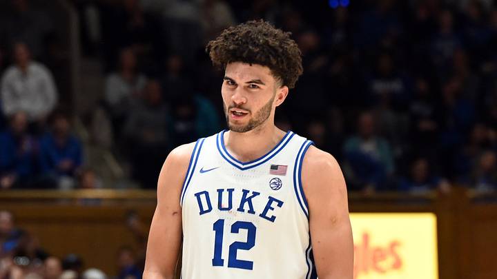 Dec 31, 2025; Durham, North Carolina, USA; Duke Blue Devils forward Cameron Boozer (12) reacts during the second half against the Georgia Tech Yellow Jackets at Cameron Indoor Stadium.   The Blue Devils won 85-79.  Mandatory Credit: Rob Kinnan-Imagn Images