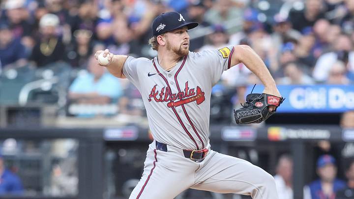 Jun 23, 2025; New York City, New York, USA;  Atlanta Braves starting pitcher Spencer Schwellenbach (56) pitches in the first inning against the New York Mets at Citi Field. Mandatory Credit: Wendell Cruz-Imagn Images