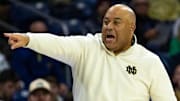 Notre Dame Fighting Irish coach Micah Shrewsberry instructs his team against the Eastern Illinois Panthers at Purcell Pavilion at the Joyce Center. 
