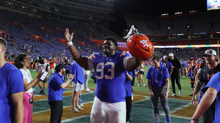 Florida defensive tackle Michai Boireau (93) grabbed an interception sealing Florida’s win over Mississippi State during the second half an NCAA football game at Steve Spurrier Field at Ben Hill Griffin Stadium in Gainesville, FL on Saturday, October 18, 2025. [Alan Youngblood/Gainesville Sun]