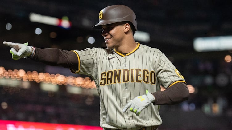 Sep 26, 2023; San Francisco, California, USA; San Diego Padres left fielder Juan Soto (22) points to