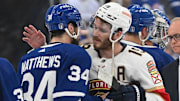 Toronto Maple Leafs forward Auston Matthews greets Florida Panthers forward Matthew Tkachuk
