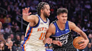 Dec 7, 2025; New York, New York, USA;  Orlando Magic forward Tristan da Silva (23) looks to drive past New York Knicks guard Jalen Brunson (11) in the fourth quarter at Madison Square Garden. Mandatory Credit: Wendell Cruz-Imagn Images
