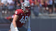 Aug 31, 2024; Pullman, Washington, USA; Washington State Cougars linebacker Parker McKenna (46) come set for a play against the Portland State Vikings in the first half at Gesa Field at Martin Stadium. Mandatory Credit: James Snook-USA TODAY Sports