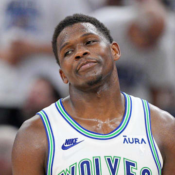 May 24, 2024; Minneapolis, Minnesota, USA; Minnesota Timberwolves guard Anthony Edwards (5) reacts in the third quarter against the Dallas Mavericks during game two of the western conference finals for the 2024 NBA playoffs at Target Center. Mandatory Credit: Brad Rempel-Imagn Images