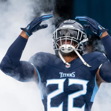 Jan 7, 2024; Nashville, Tennessee, USA;  Tennessee Titans running back Derrick Henry (22) takes the field during the first half against the Jacksonville Jaguarsat Nissan Stadium. Mandatory Credit: Steve Roberts-USA TODAY Sports