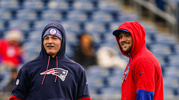 Buffalo Bills quarterback Josh Allen and New England Patriots quarterback Drake May