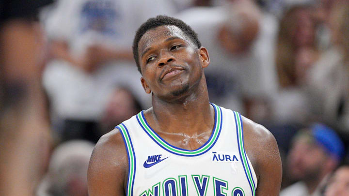 May 24, 2024; Minneapolis, Minnesota, USA; Minnesota Timberwolves guard Anthony Edwards (5) reacts in the third quarter against the Dallas Mavericks during game two of the western conference finals for the 2024 NBA playoffs at Target Center. Mandatory Credit: Brad Rempel-Imagn Images