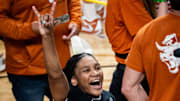 Texas Longhorns forwards Madison Booker (35) celebrates after the Longhorns' 58-47 win over the TCU Horned Frogs in the NCAA Playoff Regional final game against at Legacy Arena in Birmingham Alabama, March 31, 2025. The Longhorns will face South Carolina in the Final Four.