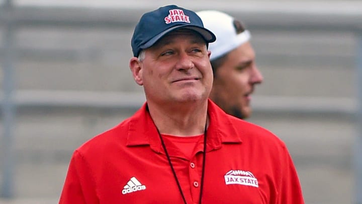 Jacksonville State Head Coach Rich Rodriguez watches the weather prior to a weather delay in the Jax State Spring game in Jacksonville, Alabama. April 19, 2024.