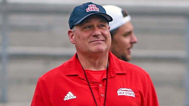 Jacksonville State Head Coach Rich Rodriguez watches the weather prior to a weather delay in the Jax State Spring game in Jacksonville, Alabama. April 19, 2024.