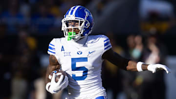 Nov 23, 2024; Tempe, Arizona, USA; Brigham Young Cougars wide receiver Darius Lassiter (5) against the Arizona State Sun Devils at Mountain America Stadium. Mandatory Credit: Mark J. Rebilas-Imagn Images