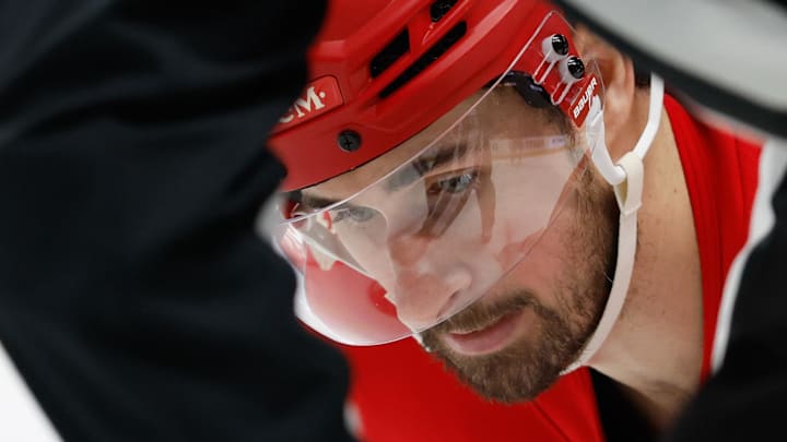 Jan 31, 2026; Detroit, Michigan, USA;  Detroit Red Wings center Dylan Larkin (71) faces off in the second period against the Colorado Avalanche at Little Caesars Arena. Mandatory Credit: Rick Osentoski-Imagn Images