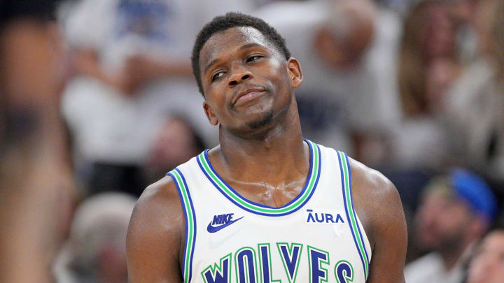 Minnesota Timberwolves guard Anthony Edwards (5) reacts in the third quarter against the Dallas Mavericks during game two of the Western Conference Finals for the 2024 NBA playoffs at Target Center. Mandatory Credit: