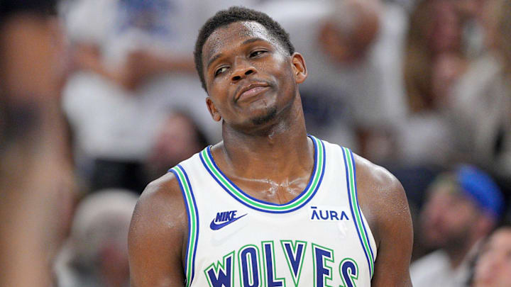 Minnesota Timberwolves guard Anthony Edwards (5) reacts in the third quarter against the Dallas Mavericks during game two of the western conference finals for the 2024 NBA playoffs at Target Center. Mandatory Credit: Brad Rempel-Imagn Images