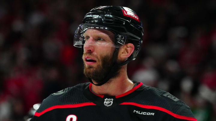 May 16, 2024; Raleigh, North Carolina, USA; Carolina Hurricanes center Jordan Staal (11) looks on against the New York Rangers during the second period in game six of the second round of the 2024 Stanley Cup Playoffs at PNC Arena. Mandatory Credit: James Guillory-USA TODAY Sports