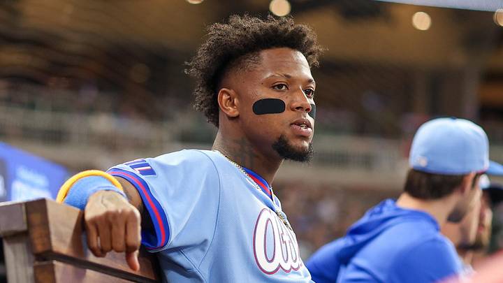 Apr 11, 2026; Atlanta, Georgia, USA; Atlanta Braves right fielder Ronald Acuna Jr. (13) in the dugout against the Cleveland Guardians in the fourth inning at Truist Park. Mandatory Credit: Brett Davis-Imagn Images
