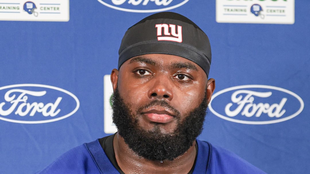 Jul 24, 2024; East Rutherford, NJ, USA; New York Giants offensive tackle Andrew Thomas (78) talks with media during training camp at Quest Diagnostics Training Facility. Mandatory Credit: Vincent Carchietta-Imagn Images